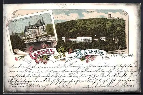 Lithographie Baden, Villa Erzherzog Wilhelm, Blick zur Weilburg