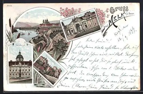Lithographie Melk a. d. Donau, Portal des Stiftes, Ruine Aggstein