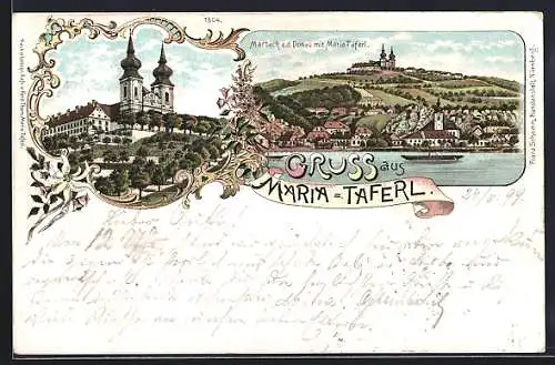 Lithographie Marbach a. d. Donau, Teilansicht mit Maria-Taferl, Kirche