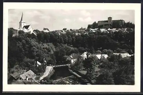 AK Weitra /N. D., Flusspartie mit Brücke, Kirche und Burg