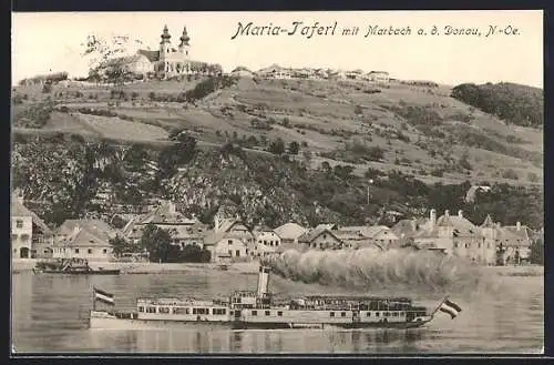 AK Marbach a. d. Donau, Dampfer am Ufer der Ortschaft