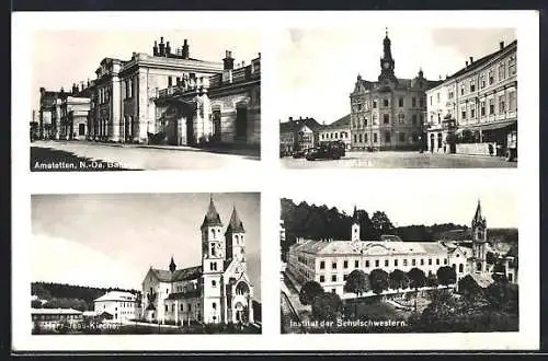 AK Amstetten /N.-Oe., Der Bahnhof, Die Herz-Jesu-Kirche und das Institut der Schulschwestern