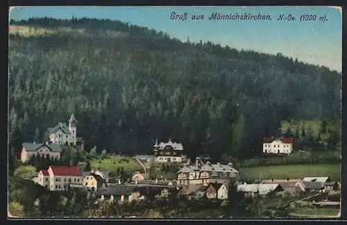 AK Mönichkirchen, Totale mit Kirche am Waldrand