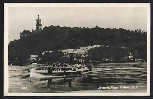 AK Wallsee /N. D., Dampfschiff mit Blick zur Kirche
