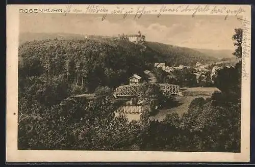 AK Rosenburg, Flusspartie mit Brücke und Blick auf die Burg