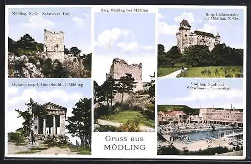 AK Mödling, Husarentempel, Stadtbad, Schwarzer Turm