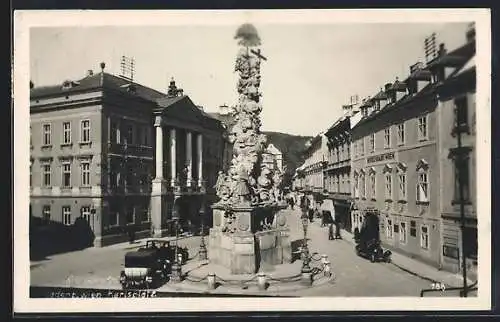 AK Baden b. Wien, Karlsplatz mit Denkmal, Hotel Stadt-Wien