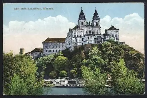 AK Melk a. d. Donau, Dampfer Börnstein vor dem Stift