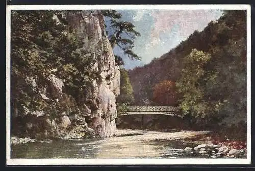 Künstler-AK Baden, Antonsbrücke im Helenental