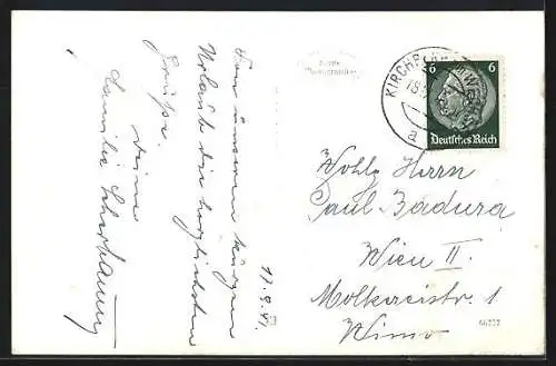 AK Kirchberg am Wechsel, Teilansicht vom Ort aus der Vogelschau