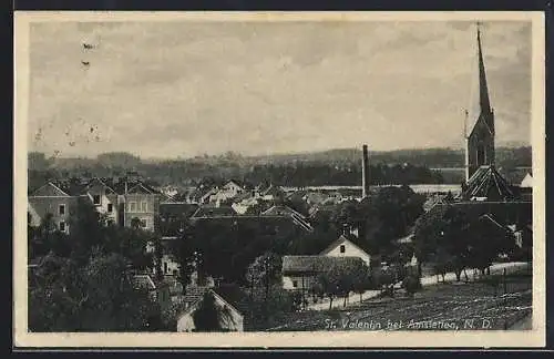 AK St. Valentin bei Amstetten, Ortsansicht mit Kirche und Schornstein
