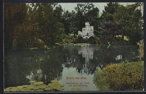 AK Baden bei Wien, Bienenburg mit Teich am Calvarienberg