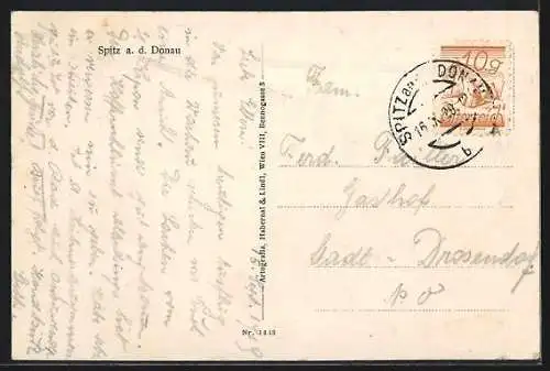 AK Spitz a. d. Donau, Ortsansicht mit Donau aus der Vogelschau