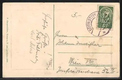 AK Dürrnstein a. d. D., Uferpartie mit Kirche