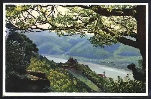 AK Photochromie NR. 5303: Blick hinab auf die Burgruine am Flussufer