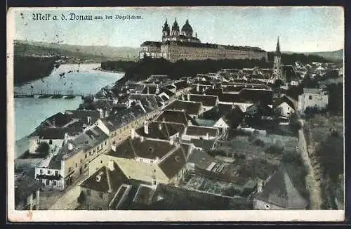 AK Melk a. d. Donau, Teilansicht mit Stift aus der Vogelschau