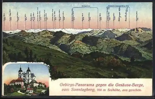 AK Sonntagberg, Wallfahrtskirche, Gebirgs-Panorama gegen die Gesäuse-Berge