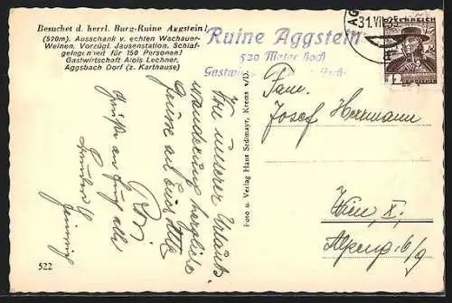 AK Aggstein, Die Burgruine mit Blick ins Tal