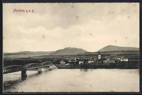 AK Mautern a.d. Donau, Totalansicht mit Uferpartie und Brücke