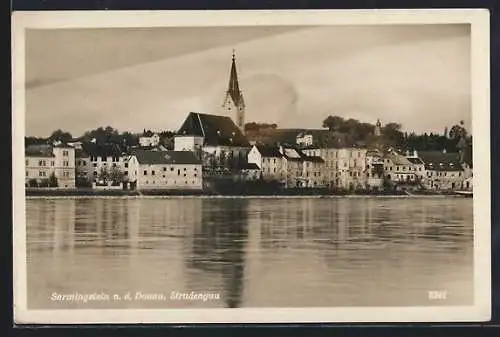 AK Sarmingstein a. d. Donau, Blick zum Ufer mit Kirche