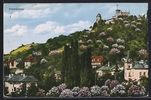 AK Radebeul, Teilansicht mit Berg-Gasthaus Friedensburg