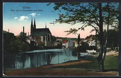 AK Görlitz, Blick auf die Peterskirche und Neisse