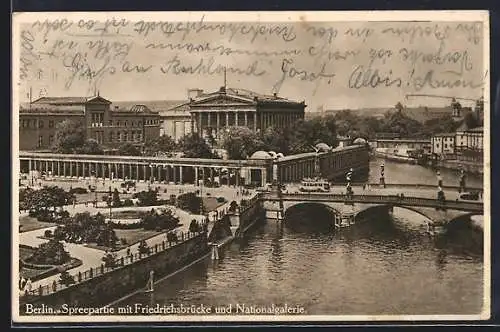 AK Berlin, Spreepartie mit Friedrichsbrücke und Nationalgalerie