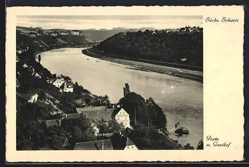 AK Posta /Sa., Ortsansicht mit Gasthof und Elbe aus der Vogelschau