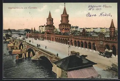 AK Berlin-Friedrichshain, Oberbaumbrücke und Hochbahn aus der Vogelschau