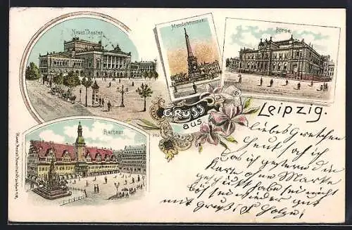 Lithographie Leipzig, Mendebrunnen, Börse, Rathaus, Neues Theater