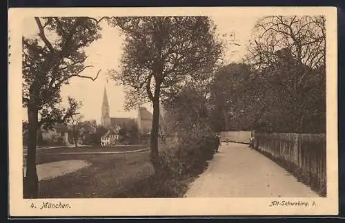 AK München-Schwabing, Alt Schwabing, Ortspartie mit Parkpromenade und Kirche