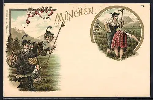 Lithographie München, Wanderer beobachten Bäuerinnen bei der Feldarbeit mit einem Fernglas, Karikatur