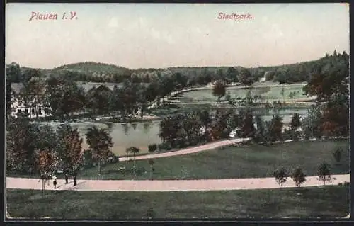 AK Plauen i. V., Stadtpark mit Gewässer aus der Vogelschau