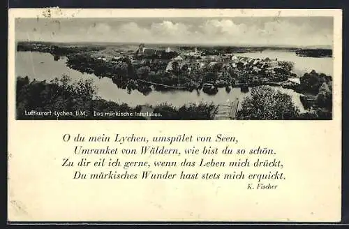 AK Lychen /U. M., Gesamtansicht mit Wasser, Panorama, Gedicht