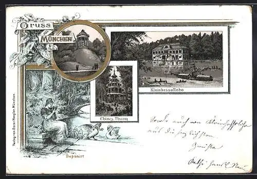 Lithographie München, Englischer Garten: Gasthaus Kleinhesselohe mit Dampfer, Chines. Thurm, Lesende mit Schwänen