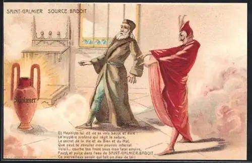 Lithographie Saint-Galmier, Source Badoit, Et Méphisto lui dit de sa voix basse..., Reklame