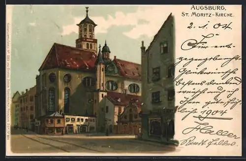 Lithographie Augsburg, St. Moritz-Kirche mit Strassenpartie