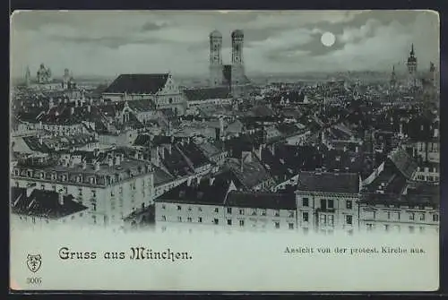 Mondschein-AK München, Teilansicht von der protestantischen Kirche aus