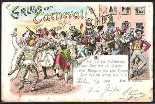 Lithographie Feiernde in Kostümen beim Carneval