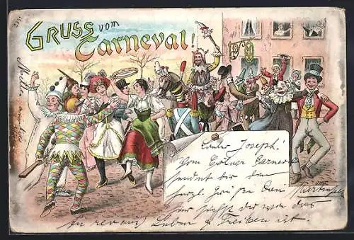 Lithographie Feiernde in Kostümen beim Carneval