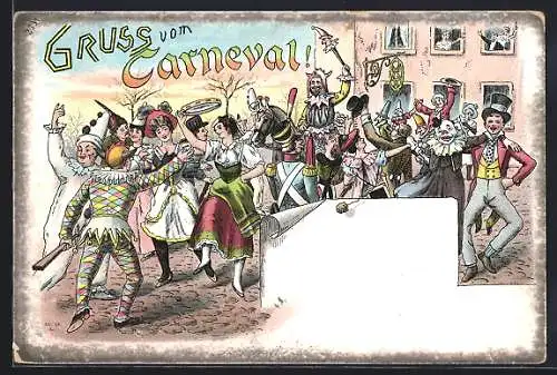 Lithographie Feiernde in Kostümen beim Carneval