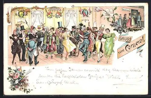 Lithographie Tanzende Menschen beim Fasching
