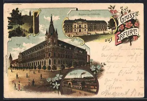 Lithographie Erfurt, Blick auf Post, Bahnhof und Regierungsgebäude