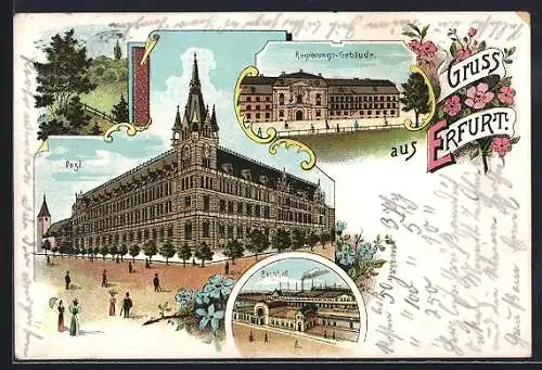 Lithographie Erfurt, Regierungs-Gebäude, Bahnhof und Post