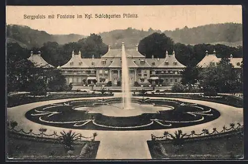 AK Dresden-Pillnitz, Bergpalais mit Fontaine im Kgl. Schlossgarten