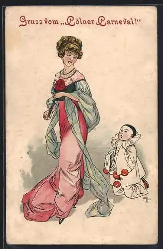 AK Cöln, Carneval, Elegante Dame und kleiner Clown