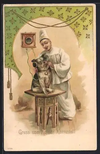 Präge-Lithographie Köln, Karneval, Clown lässt Hund telefonieren, Ornamente