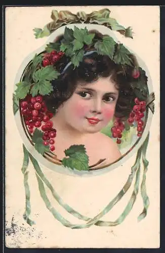 AK Junge Dame mit Beeren im Haar, Jugendstil