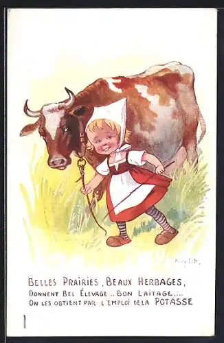 Künstler-AK Right: Junges Mädchen mit einer Kuh auf der Wiese