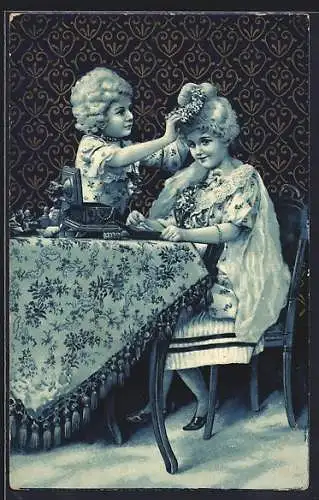 AK Zwei Damen beim Fertigen von Blumenschmuck, Nähkasten, Jugendstil